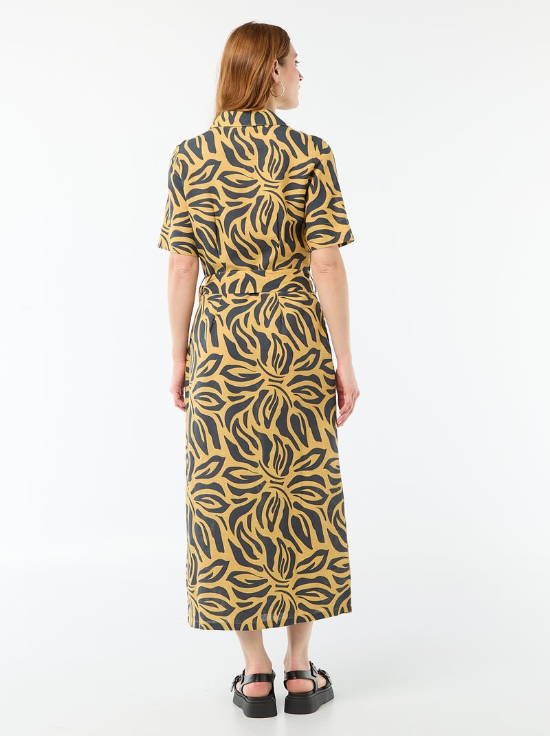 Short-Sleeved Cotton and Linen Long Shirt Dress Yellow - Kiabi
