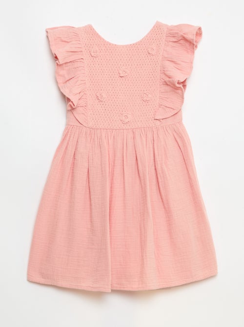 Short-sleeved cotton dress with embroidered collar - Kiabi