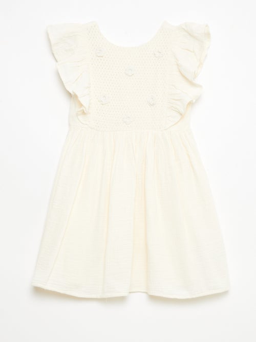 Short-sleeved cotton dress with embroidered collar - Kiabi