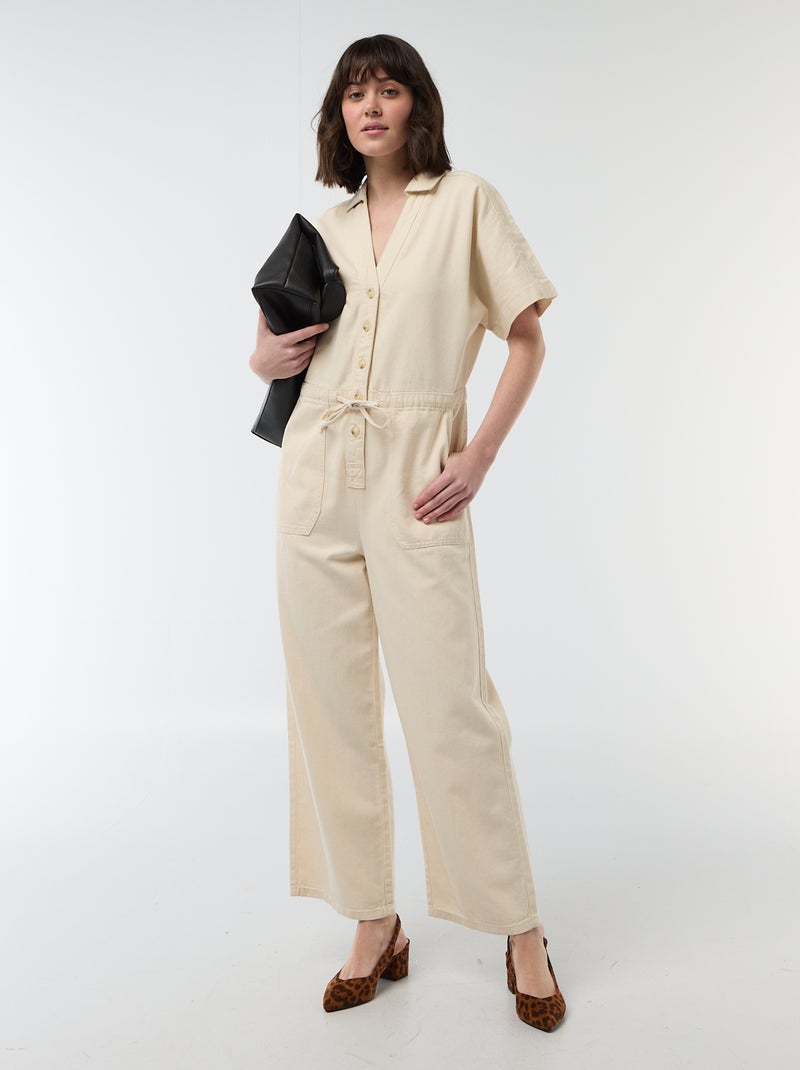 Short-Sleeved Denim Jumpsuit White - Kiabi