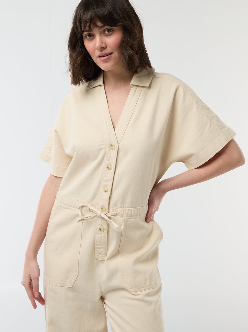 Short-Sleeved Denim Jumpsuit White - Kiabi
