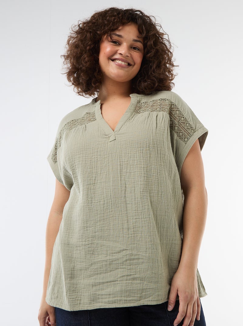 Short-Sleeved Double Gauze Cotton Blouse Green - Kiabi