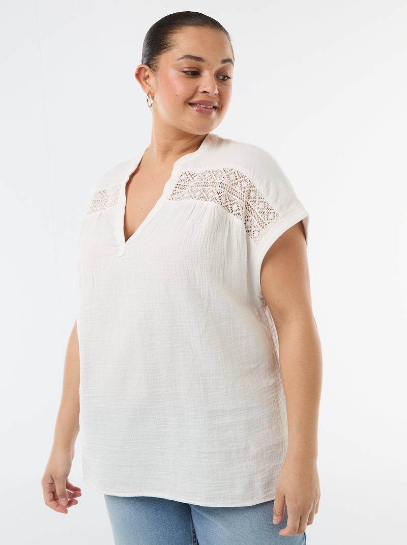 Short-Sleeved Double Gauze Cotton Blouse White - Kiabi