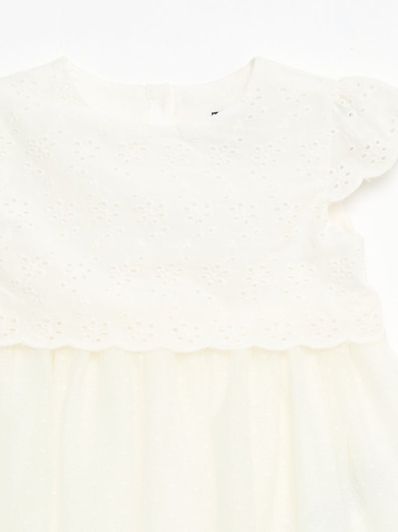 Short-Sleeved Dress with Broderie Anglaise and Tulle White - Kiabi