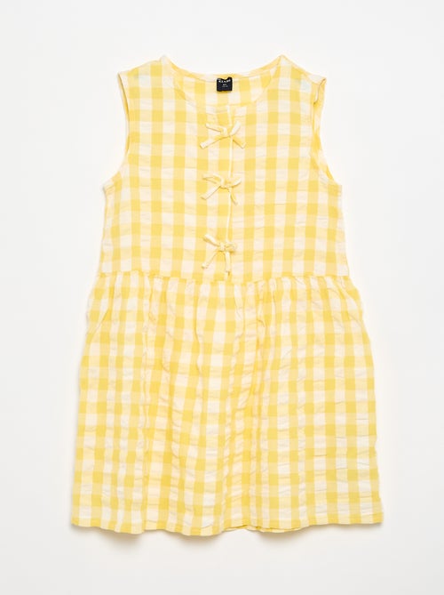 Short-sleeved gingham dress with bow + scrunchie - Kiabi