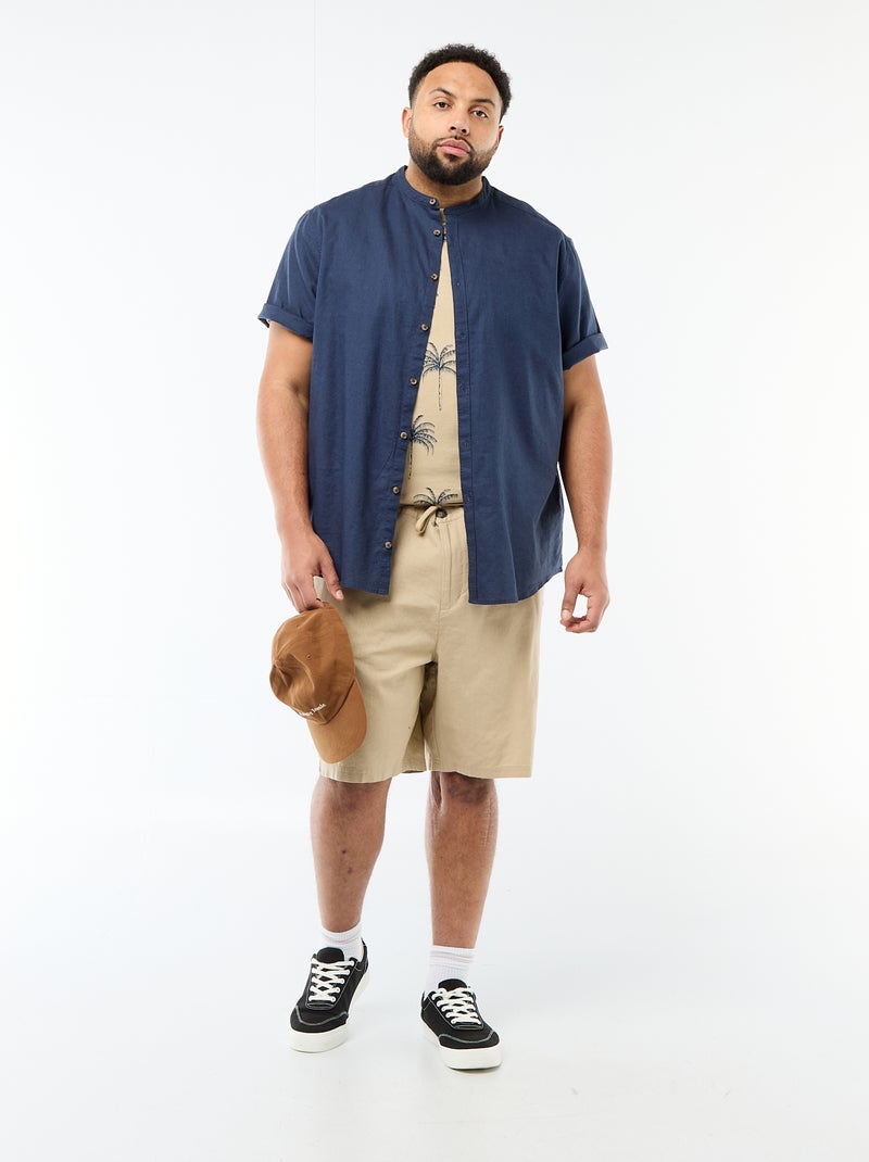 Short-Sleeved Linen Blend Shirt Blue - Kiabi