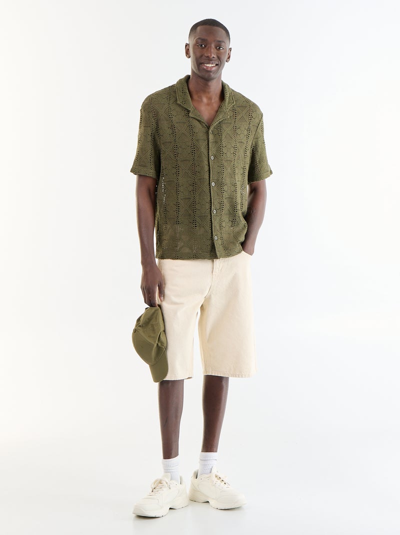 Short-sleeved openwork knit shirt Khaki - Kiabi