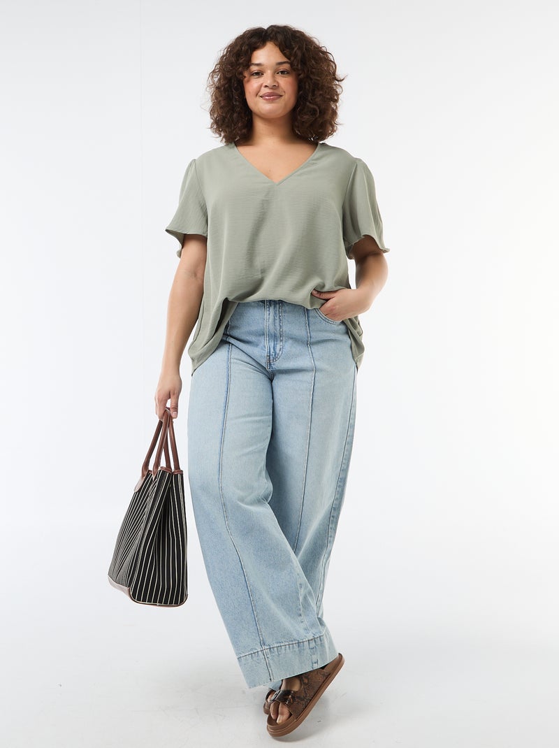 Short-Sleeved Plain Flowy Blouse Green - Kiabi