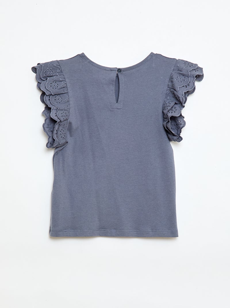 Short-sleeved T-shirt with Broderie Anglaise Grey - Kiabi