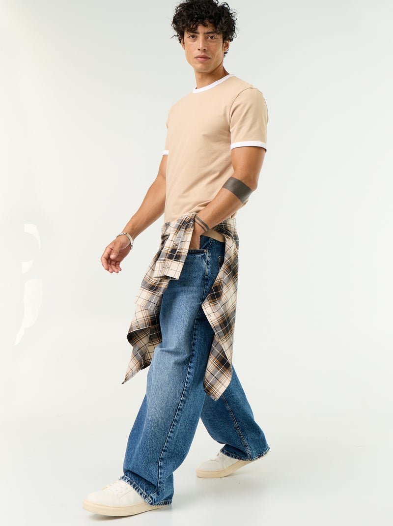 Short-Sleeved T-shirt with Contrasting Trim Beige - Kiabi