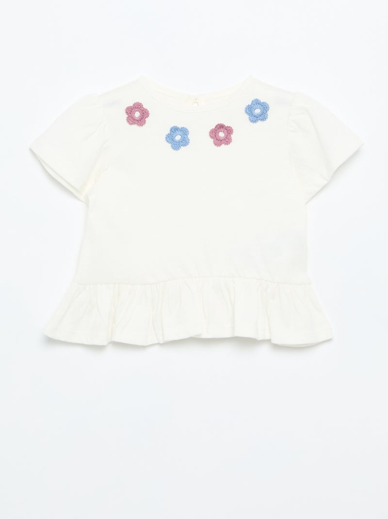 Short-sleeved T-shirt with Embroidery and Ruffled Hem White - Kiabi