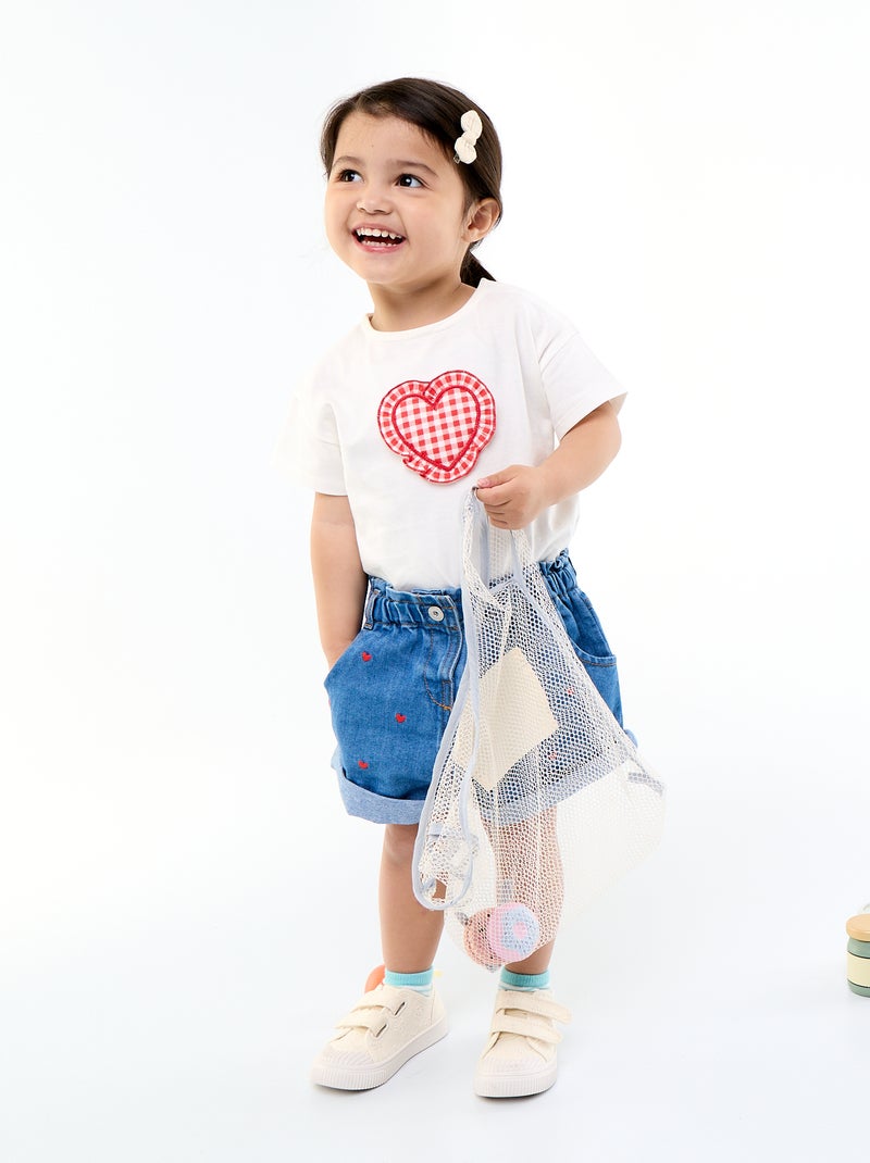 Short-sleeved T-shirt with Stitched Heart White - Kiabi