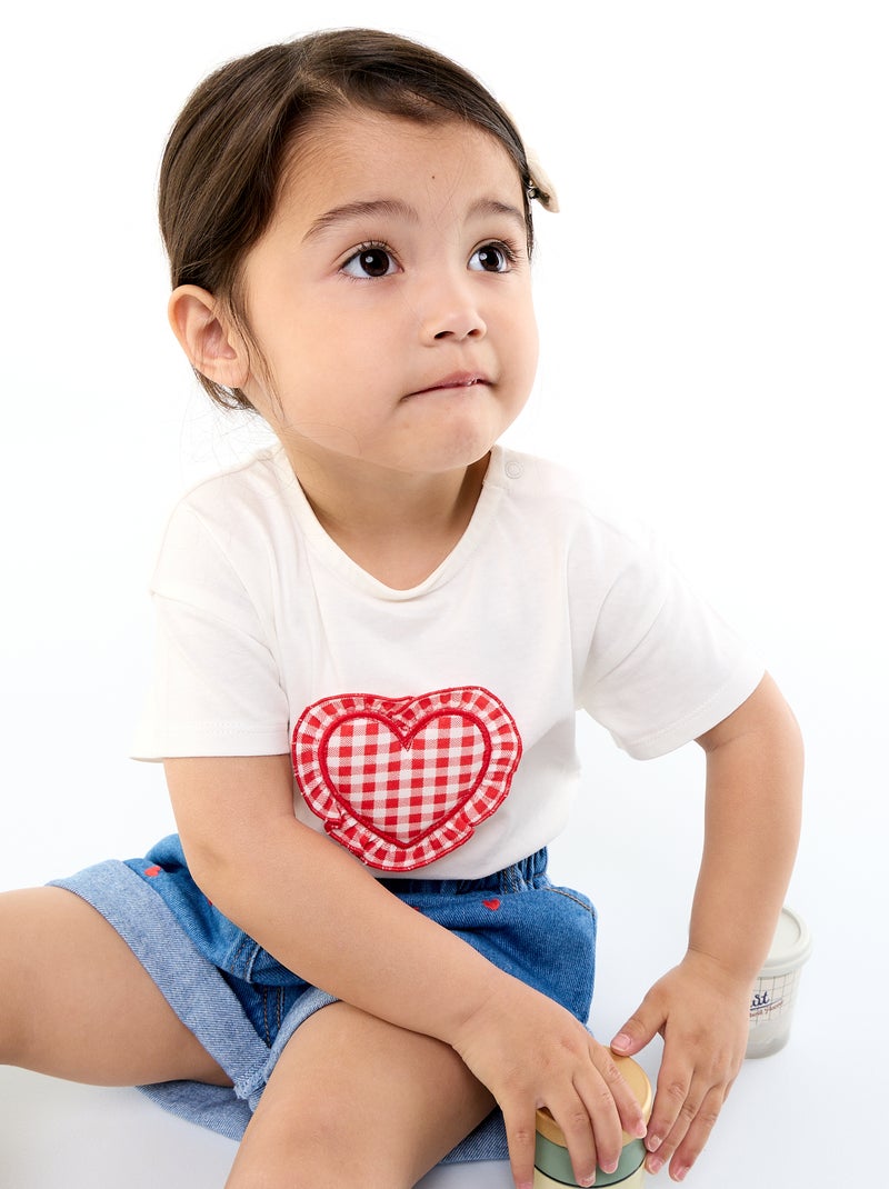 Short-sleeved T-shirt with Stitched Heart White - Kiabi