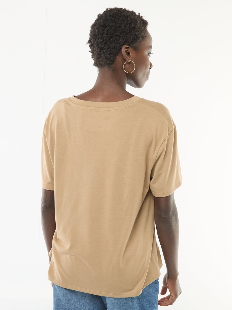 Short-sleeved t-shirt with V-neckline Beige - Kiabi