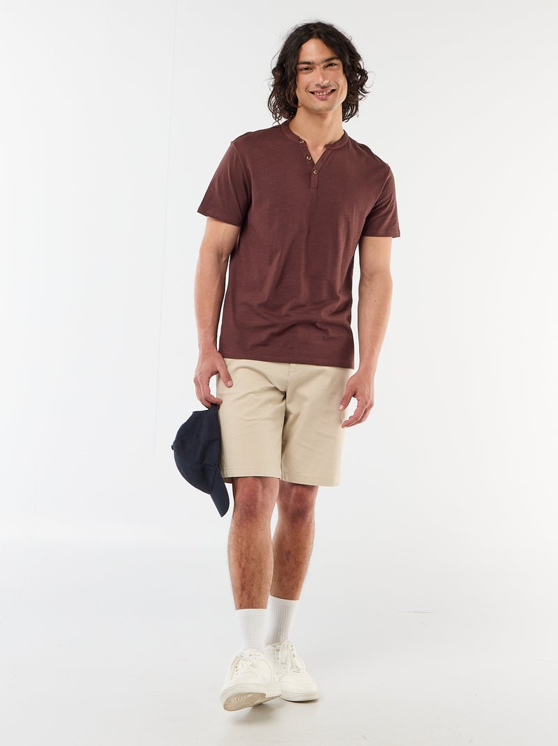 Short-Sleeved Tunisian Collar T-Shirt Brown - Kiabi