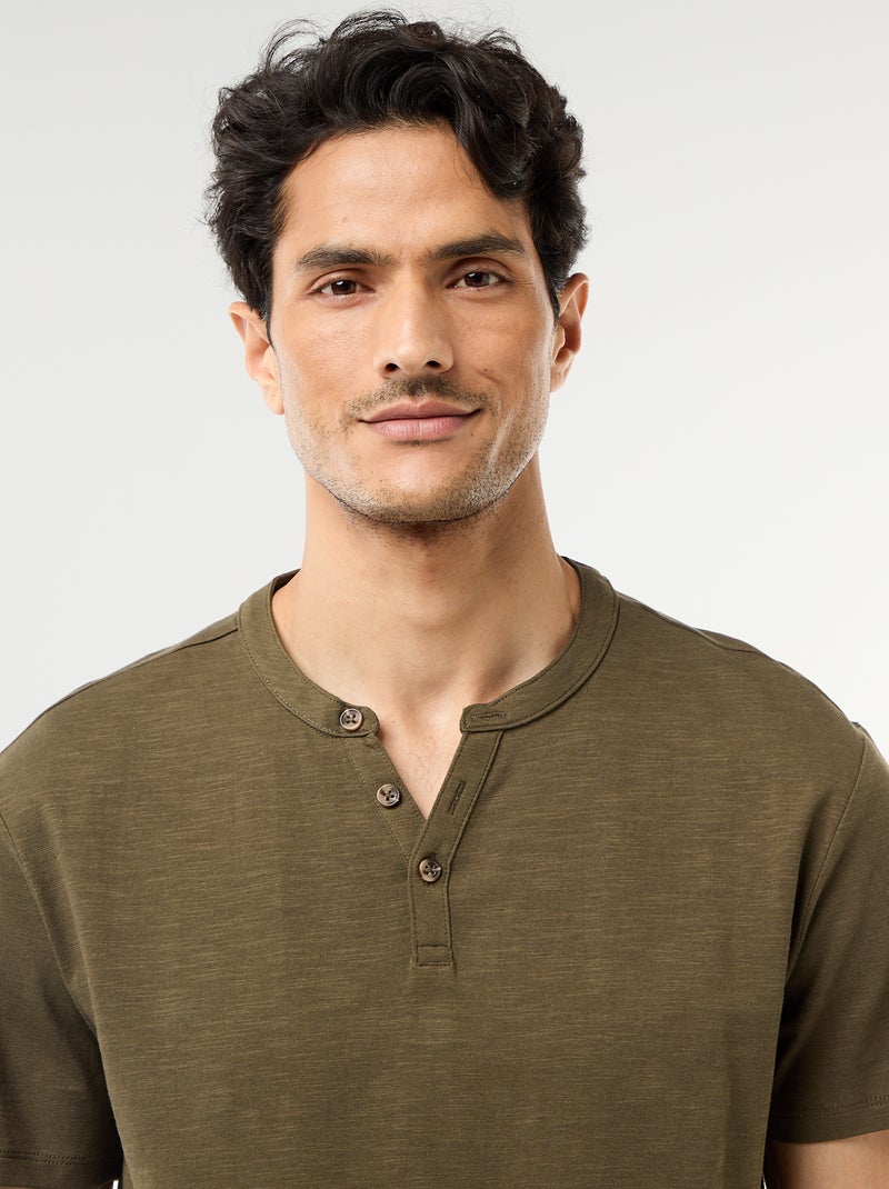 Short-Sleeved Tunisian Collar T-Shirt Khaki - Kiabi