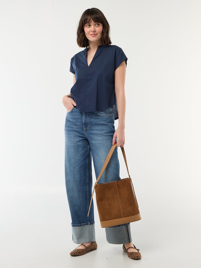 Short-Sleeved V-Neck Blouse Blue - Kiabi