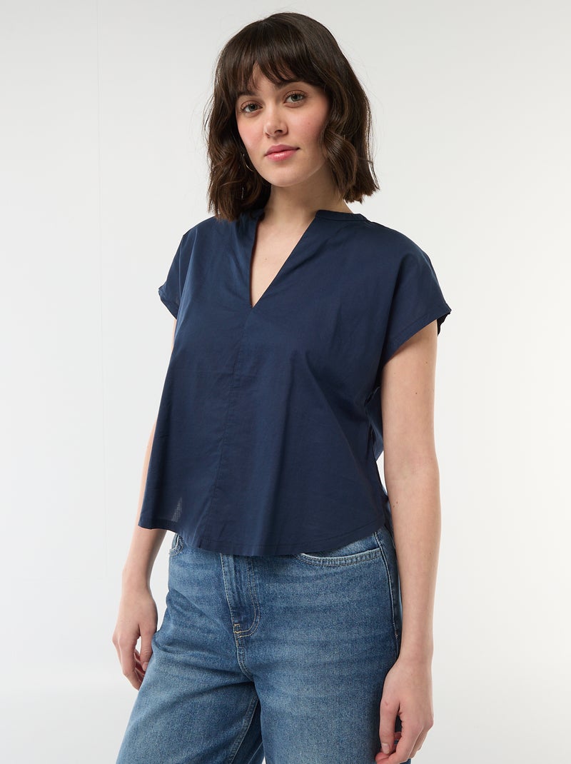 Short-Sleeved V-Neck Blouse Blue - Kiabi