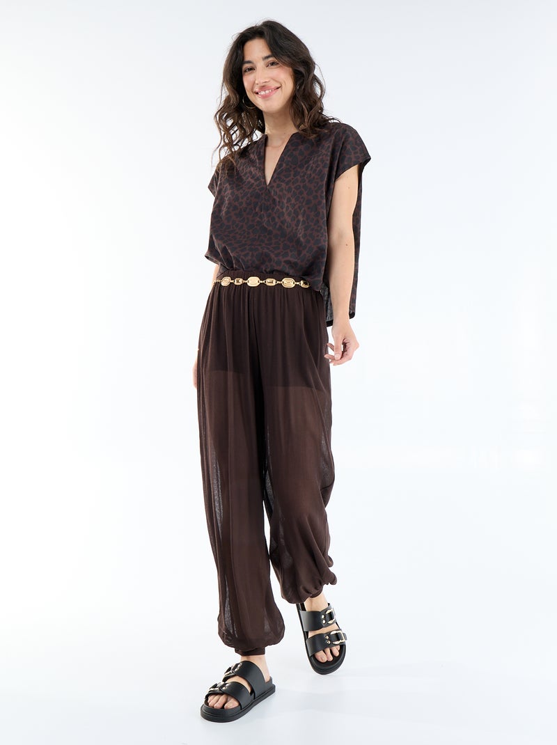 Short-sleeved V-neck blouse Brown - Kiabi