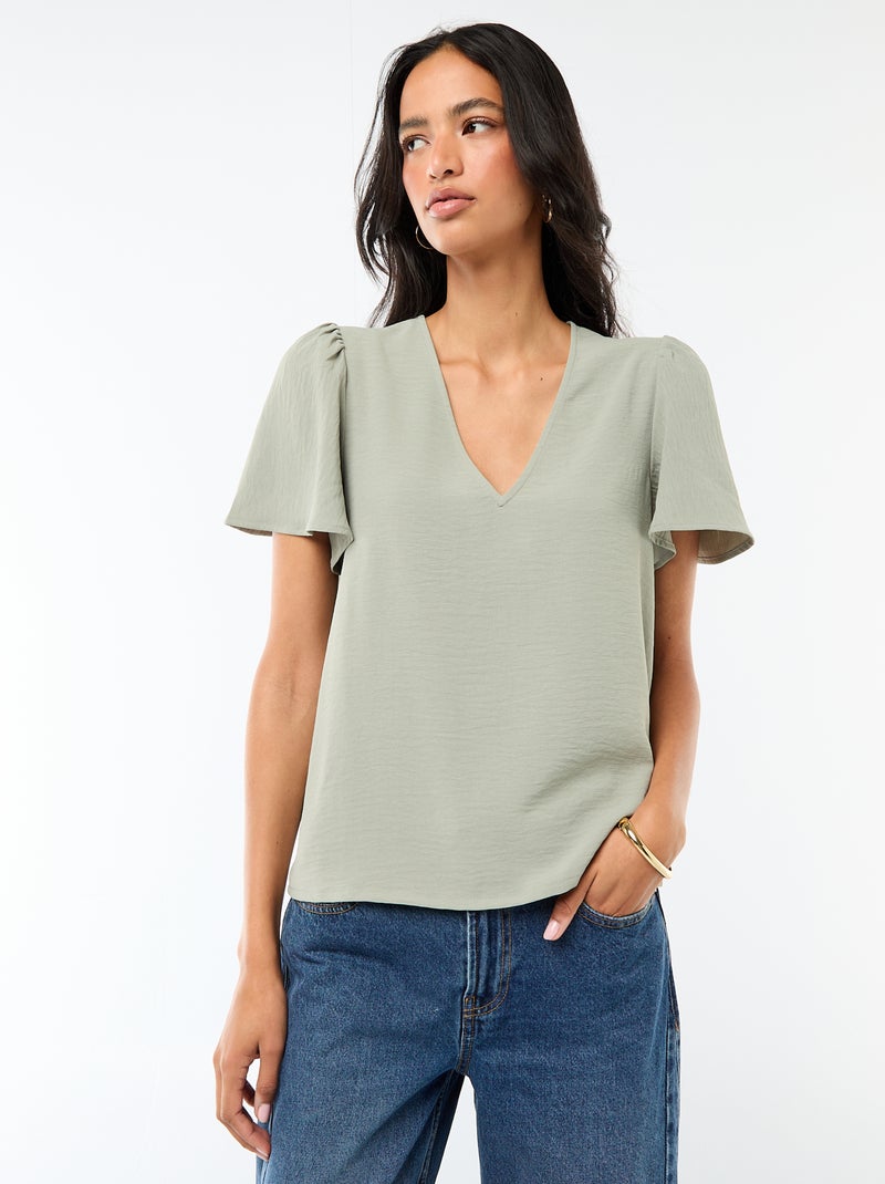 Short-Sleeved V-Neck Blouse Green - Kiabi