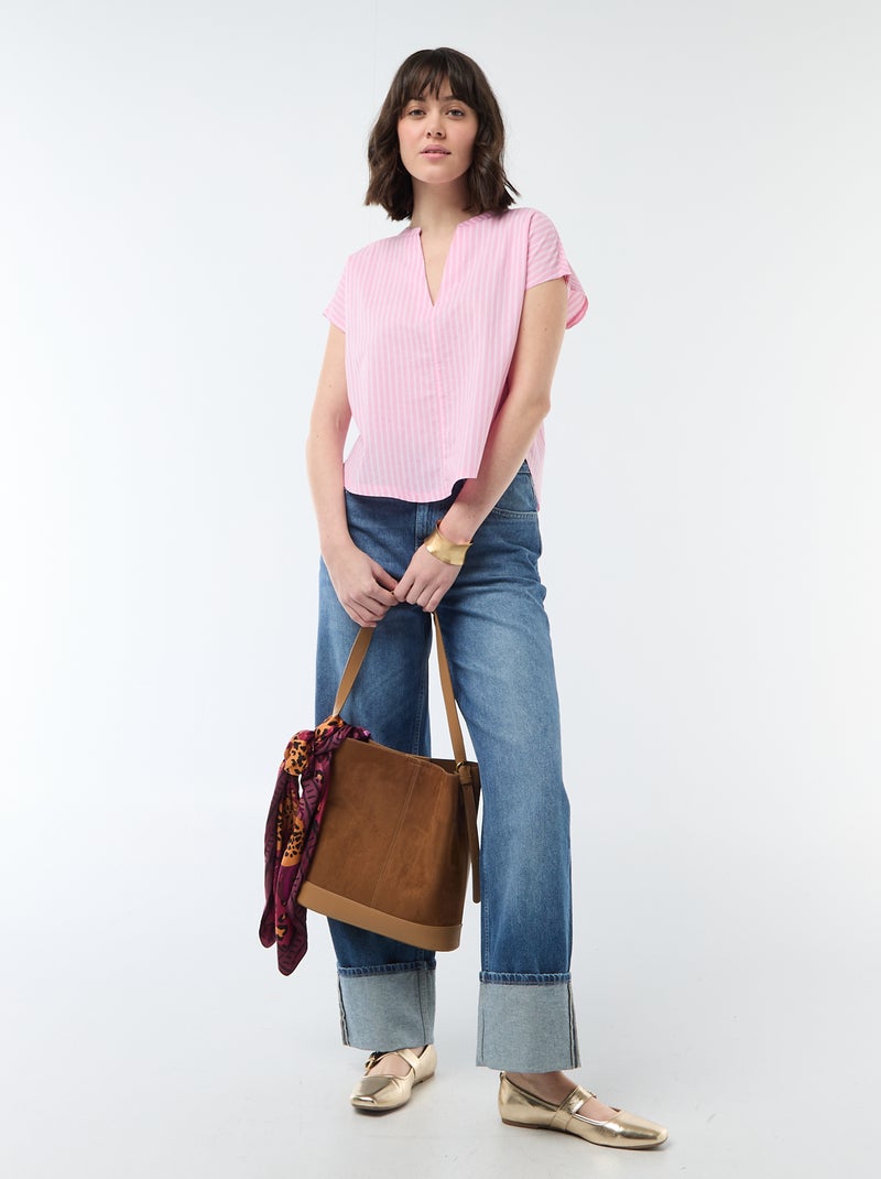 Short-Sleeved V-Neck Blouse Pink - Kiabi