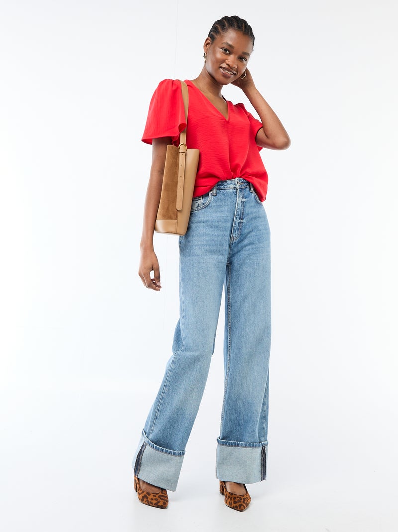 Short-Sleeved V-Neck Blouse Red - Kiabi