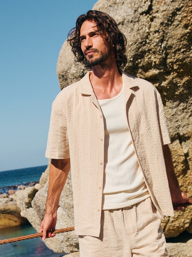 Short-Sleeved Waffle Knit Shirt Beige - Kiabi