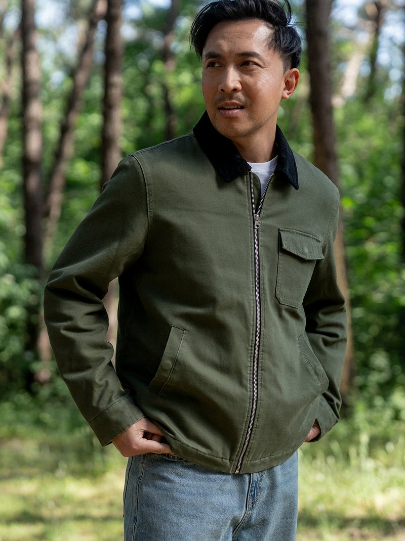 Short Zip-Up Jacket with Velvet Contrast Collar Green - Kiabi