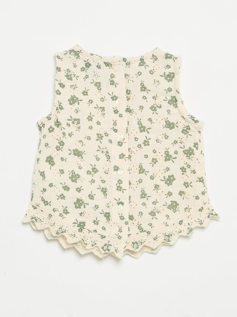 Sleeveless Cotton Gauze Blouse with Broderie Anglaise Beige - Kiabi