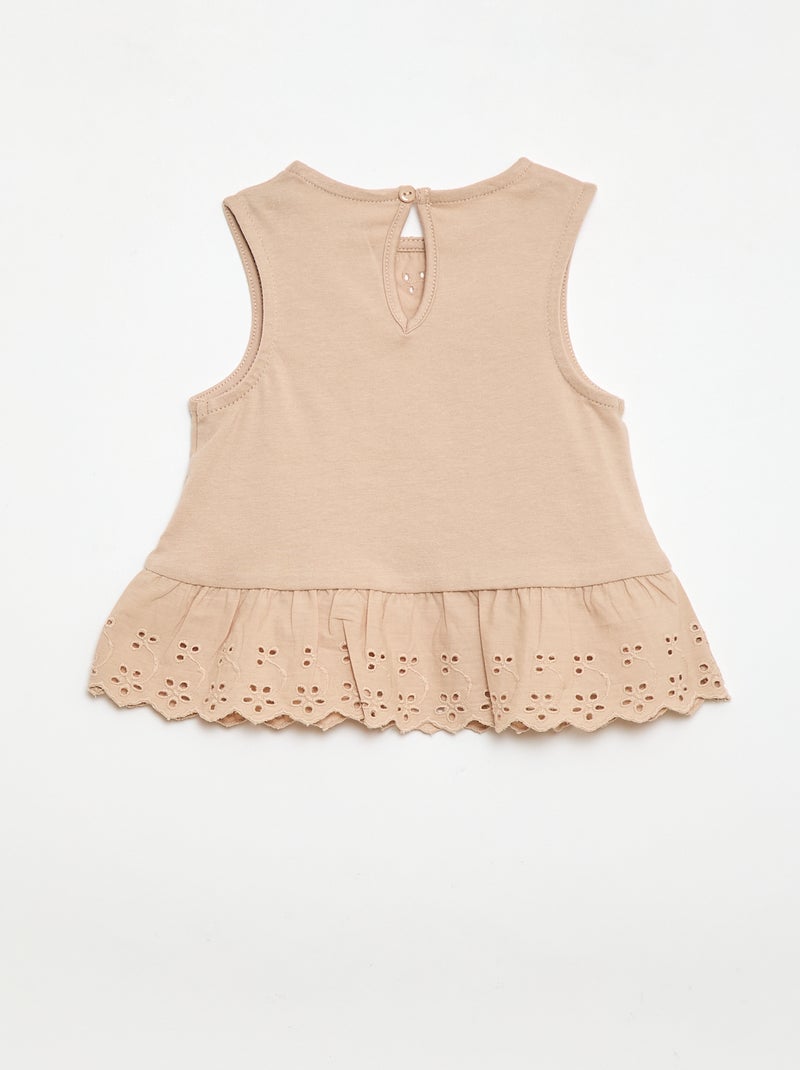Sleeveless cotton jersey T-shirt with broderie anglaise details Beige - Kiabi
