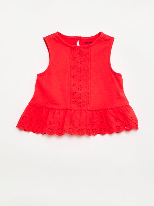 Sleeveless cotton jersey T-shirt with broderie anglaise details - Kiabi
