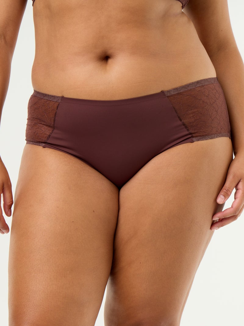 Slip a vita alta in microfibra con pizzo Marrone - Kiabi