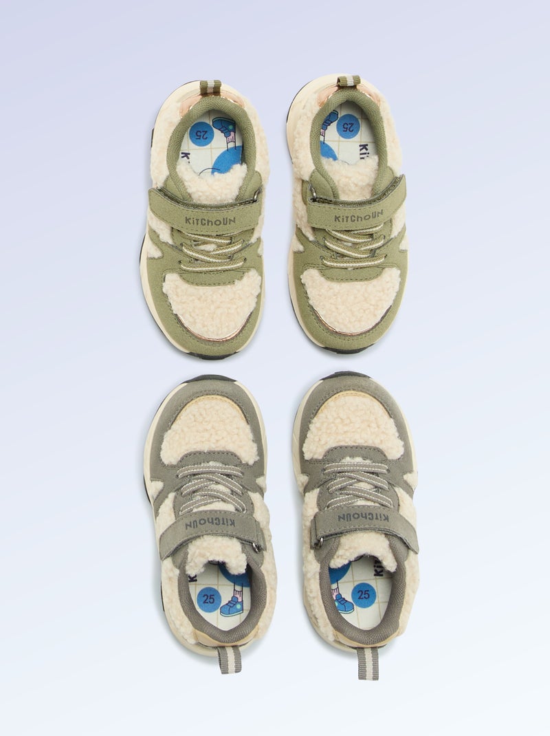 Sneakers basse in simil camoscio e con effetto montone Kaki - Kiabi