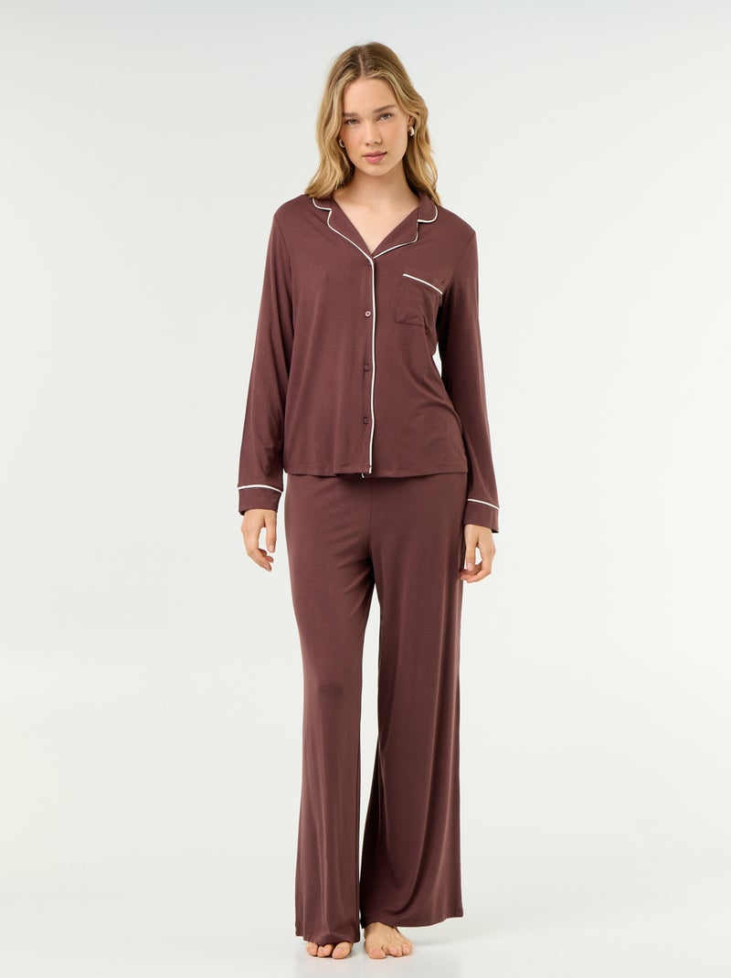 Soft Stretch Knit Long Pyjamas - 2-Piece Set Brown - Kiabi