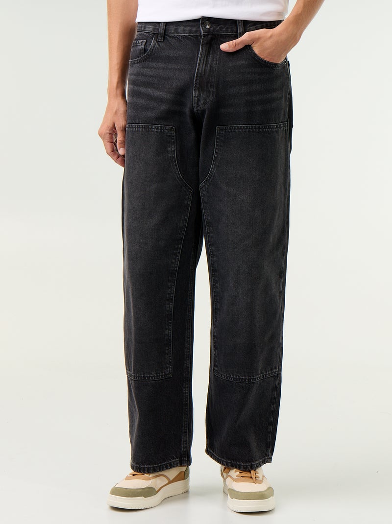 Solid baggy jeans with decorative panels Black - Kiabi