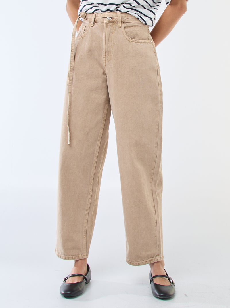 Solid Barrel Fit Denim Pants with Tie Beige - Kiabi