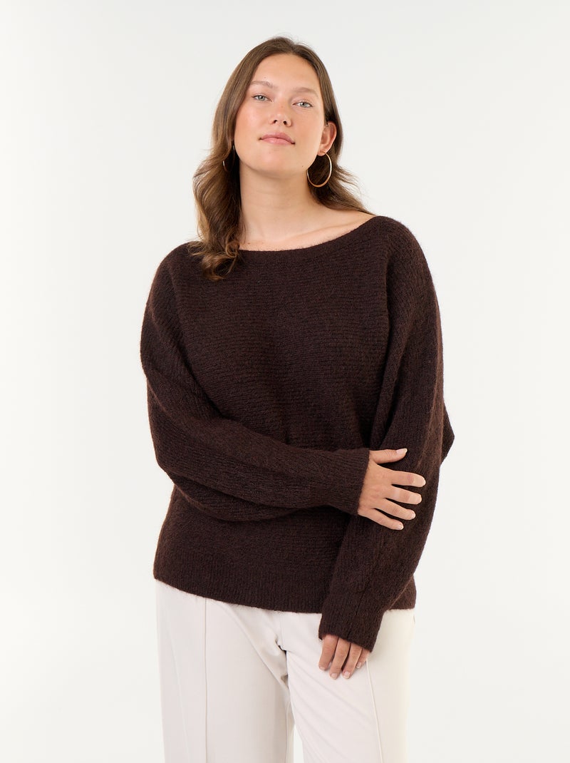 Solid Boat Neck Sweater with Dropped Armholes Brown - Kiabi