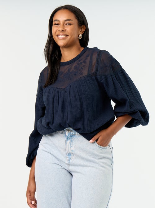 Solid cotton gauze and lace blouse - Kiabi