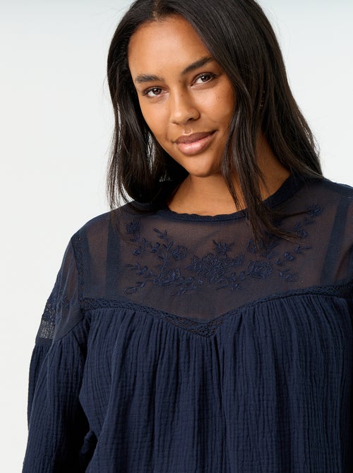 Solid cotton gauze and lace blouse - Kiabi