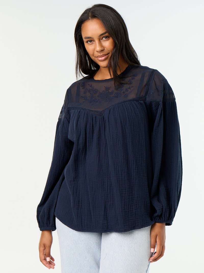 Solid cotton gauze and lace blouse Blue - Kiabi