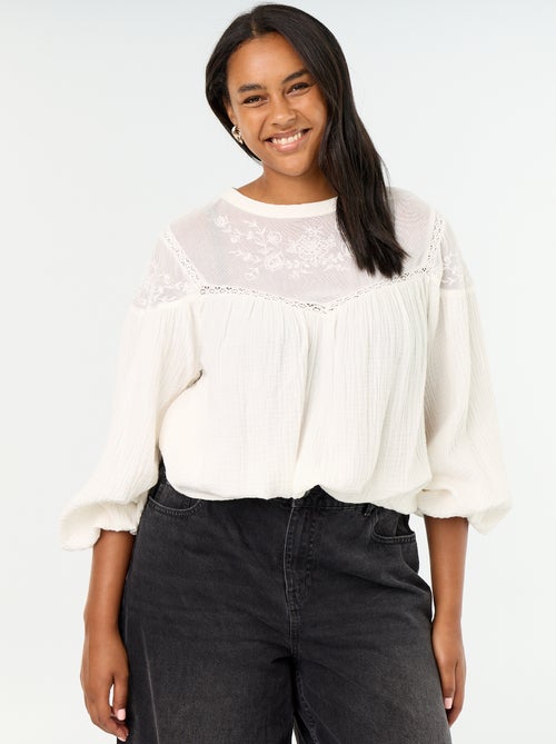 Solid cotton gauze and lace blouse - Kiabi