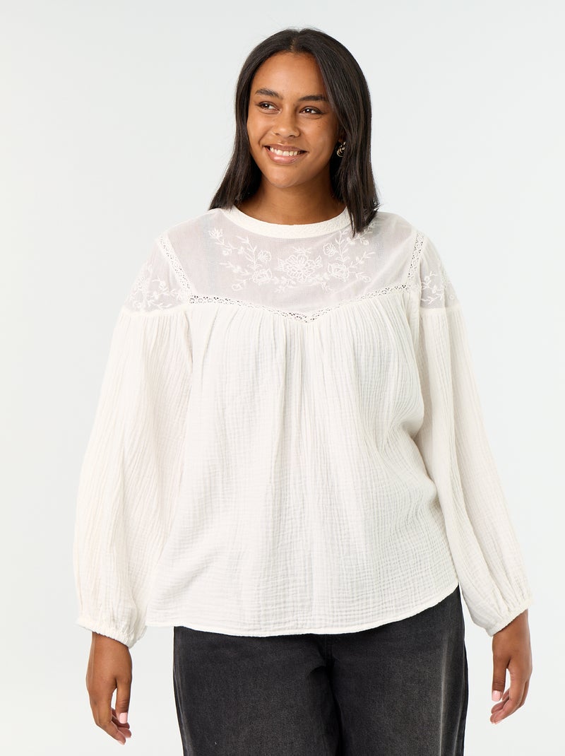 Solid cotton gauze and lace blouse White - Kiabi