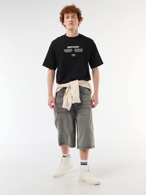 Solid Cotton T-Shirt with Front and Back Prints - Kiabi
