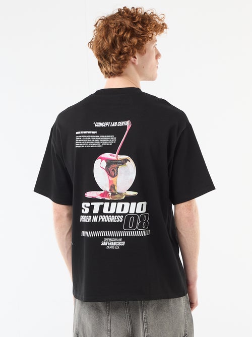 Solid Cotton T-Shirt with Front and Back Prints - Kiabi