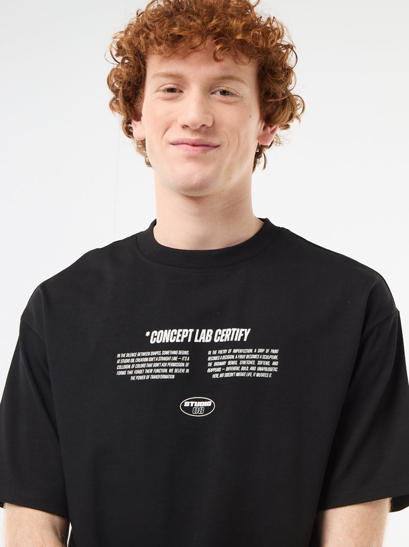 Solid Cotton T-Shirt with Front and Back Prints Black - Kiabi