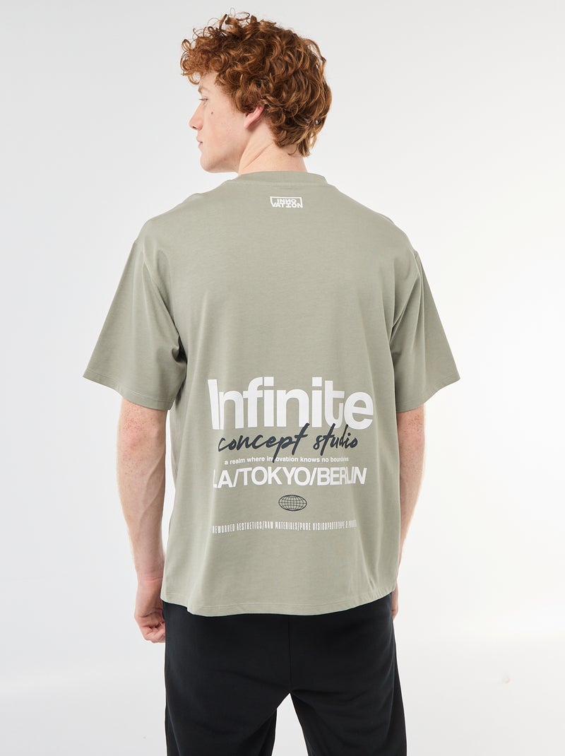 Solid Cotton T-Shirt with Front and Back Prints Green - Kiabi