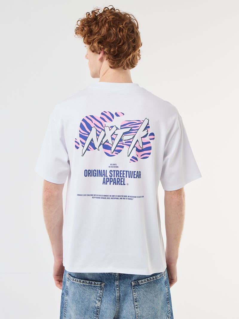 Solid Cotton T-Shirt with Front and Back Prints White - Kiabi