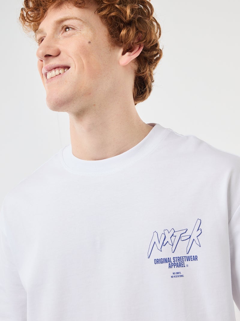 Solid Cotton T-Shirt with Front and Back Prints White - Kiabi