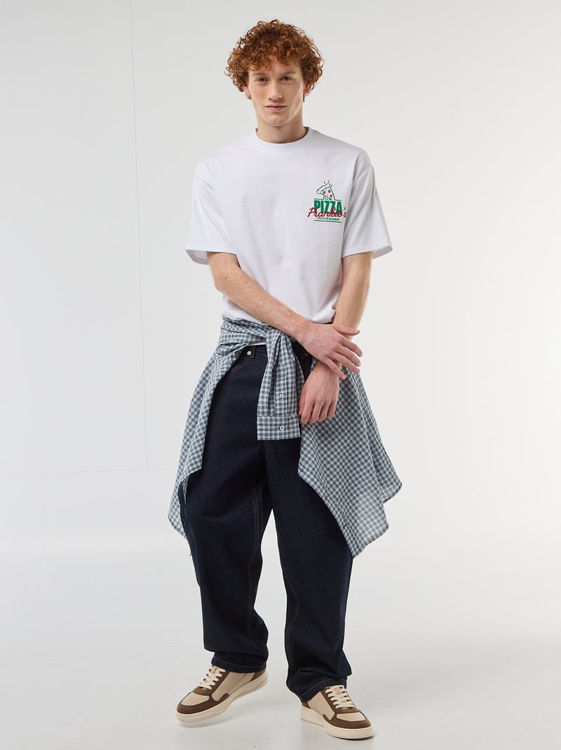 Solid Cotton T-Shirt with Front and Back Prints White - Kiabi