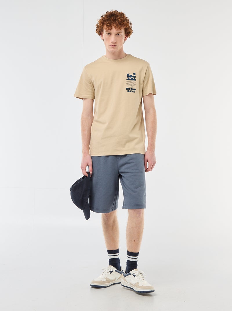 Solid Cotton T-Shirt with Graphic Print Beige - Kiabi